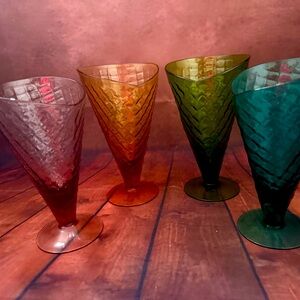 vintage ice cream glass bowls, set of 4 colored dessert cone waffle glasses